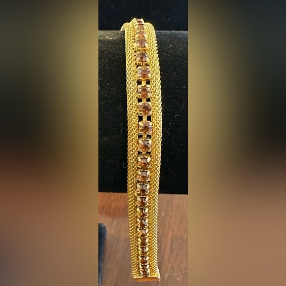Vintage Yellow Gold Plated Mesh Bracelet, 42 Brown Topaz Stones EUC Size 7” - Picture 2 of 4
